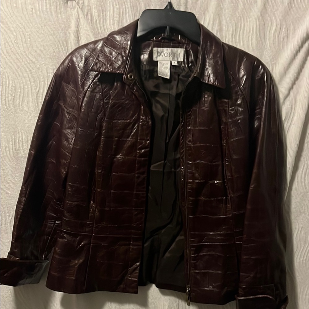 Worth Women's Croc-Embossed Leather Jacket in Deep Burgundy Brown